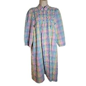 Vtg Metropolitan Mumu Housecoat Seersucker Pastel Plaid 1/4 Zip Pockets Size M‎